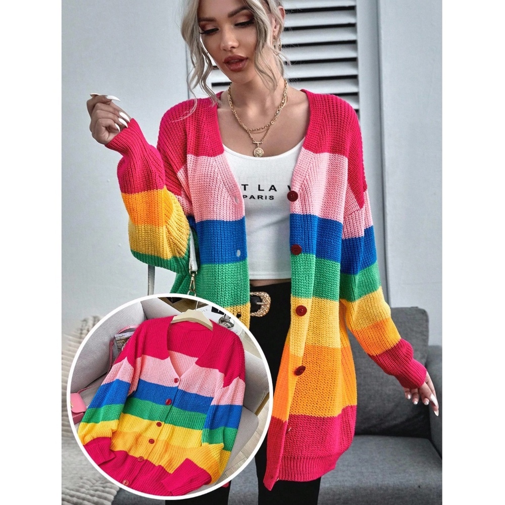Colorblock Multicolor Long Button Up Knit Cardigan V-Neck